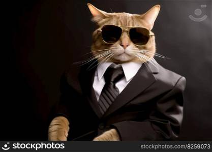 A modern cat wearing a business suit and sunglasses created with generative AI technology