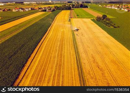 A modern combine harvester working a wheat field, aerial view. Countryside landscape. A modern combine harvester working a wheat field, aerial view