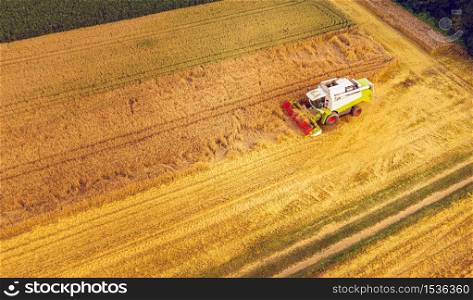 A modern combine harvester working a wheat field, aerial view. Countryside landscape. A modern combine harvester working a wheat field, aerial view
