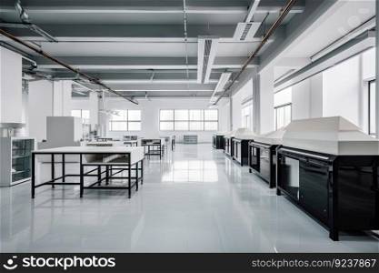 a modern factory with sleek, minimalist furniture and clean lines, created with generative ai. a modern factory with sleek, minimalist furniture and clean lines