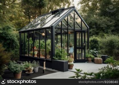 a modern, industrial garden shed with metal siding and a glass greenhouse, created with generative ai. a modern, industrial garden shed with metal siding and a glass greenhouse