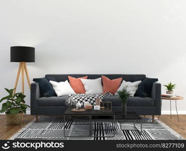 A modern interior wooden floor living room with couch and some trees isolated on light background, 3D render, 3D illustration