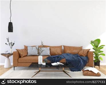 A modern interior wooden floor living room with couch and some trees isolated on light background, 3D render, 3D illustration