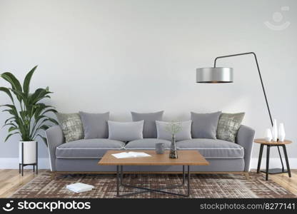 A modern interior wooden floor living room with couch and some trees isolated on light background, 3D render, 3D illustration