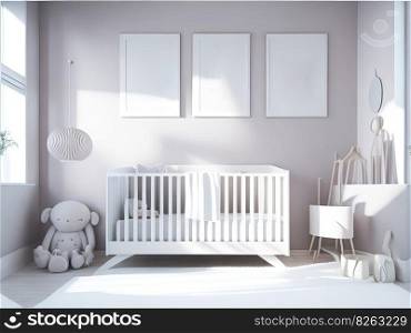 A modern nursery room with three mockup poster frames on a wall. interior design for a baby nursery in pale tones. Generative AI.