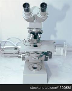 A modern optical microscope with a mercury bulb for fluorescence microscopy. The microscope has a digital camera which is connected to a computer.