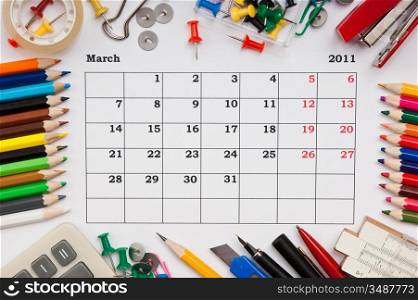 a monthly calendar March 2011. Series