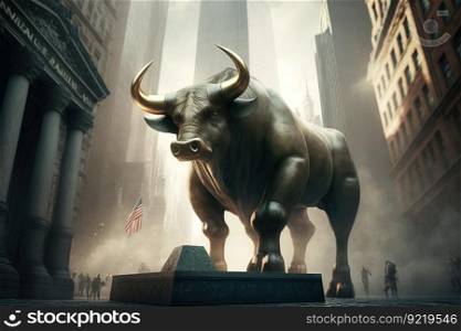 A monument of a bronze bull in the center of the street as a symbol of the stock market. American trade symbol concept. AI generated.. A monument of a bronze bull in the center of the street as a symbol of the stock market. AI generated.