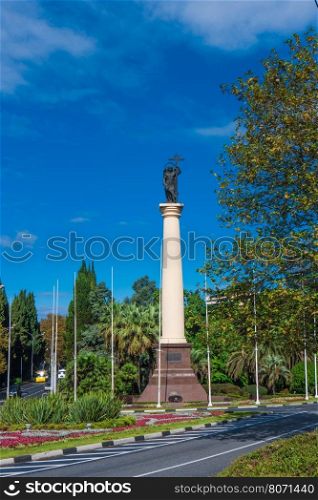 A monument Saint Michael the Archangel costs with a sword and a cross on Alexander Column. Sochi, Russia