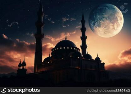 A mosque with a crescent moon in the background  The mosque be shown in silhouette, with the crescent moon and stars shining in the background to give the image a magical feel. Generative AI