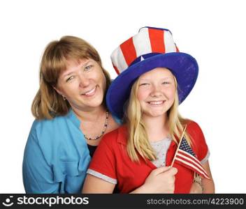 A mother and daughter celebrating the fourth of july. Isolated on white.