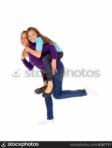 A mother and daughter playing for isolated white background, the girlsitting on the back of her mother.
