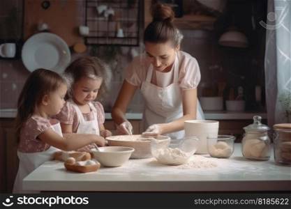 A mother baking with children in bright kitchen created with generative AI technology