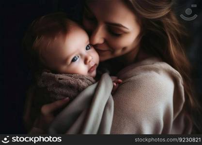 A mother holding her baby in her arms created with generative AI technology