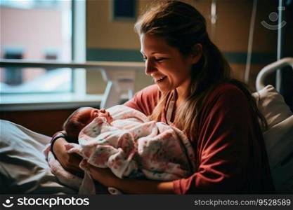 A mother holds her just born baby in her arms in a hospital bed created with generative AI technology