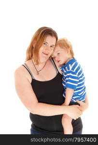 A mother is comforting her sad little boy, carrying him on her arms,isolated for white background.