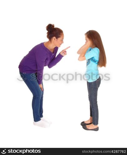 A mother is disciplining her young daughter and the girl holding herears closed, isolated for white background.