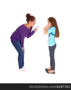 A mother is disciplining her young daughter and the girl holding herears closed, isolated for white background.