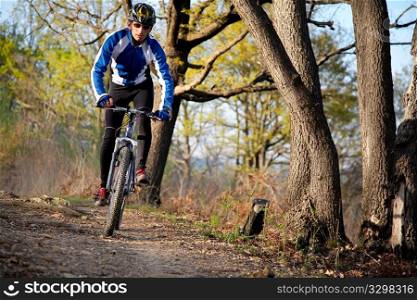 A mountain biker riding through a trail