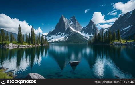 A mountain range with snow-capped peaks is visible in the distance above the lake, which is bordered by woods and mountains under a brilliant blue sky. Generative AI.