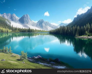 A mountain range with snow-capped peaks is visible in the distance above the lake, which is bordered by woods and mountains under a brilliant blue sky. Generative AI.