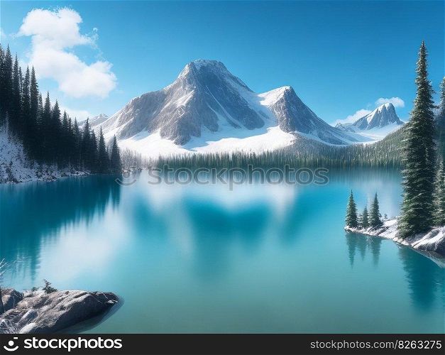 A mountain range with snow-capped peaks is visible in the distance above the lake, which is bordered by woods and mountains under a brilliant blue sky. Generative AI.