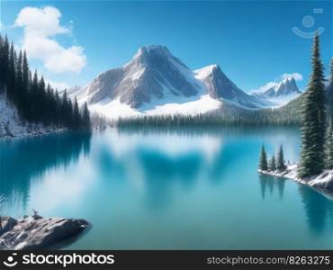A mountain range with snow-capped peaks is visible in the distance above the lake, which is bordered by woods and mountains under a brilliant blue sky. Generative AI.