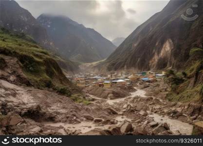 A mountain village hit by devastating landslides after a heavy rainfall, burying homes and blocking roads. Generative AI.. Mountain village devastated by landslides. Generative AI