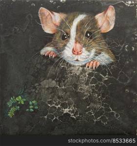 A mouse poked his head from the ground. Acrylic Painting on Canvas