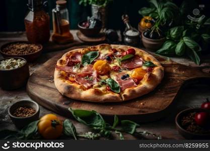 A mouthwatering, gourmet pizza, topped with an array of fresh ingredients and bubbling cheese, being pulled from a wood-fired oven, set in a charming, authentic pizzeria setting. Generative Ai.