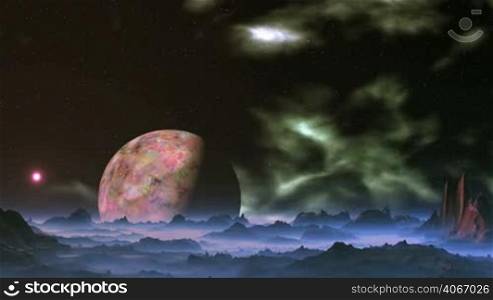 A multi-colored planet slowly rotates on the dark starry sky. Floats whitish nebula. In the distance a bright white sun in a reddish aura. Below them a rocky landscape covered with thick fog.