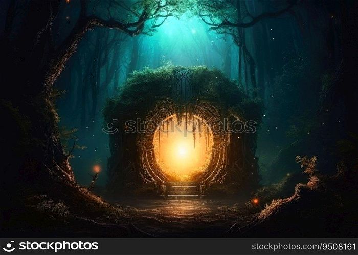 A mysterious portal into a fantasy world in a glowing forest at night created with generative AI technology
