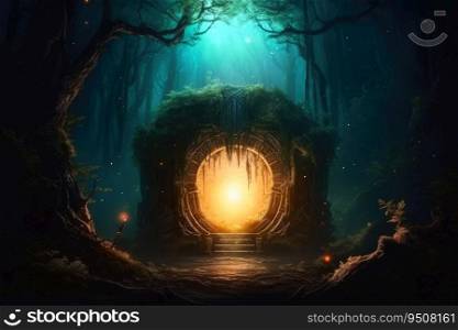 A mysterious portal into a fantasy world in a glowing forest at night created with generative AI technology
