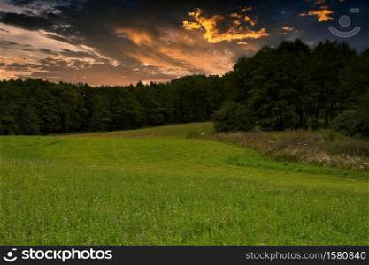 A mysterious sunset over a mid-forest meadow with dark clouds amazingly highlighted in red by the sun. Poland in September. Horizontal view.