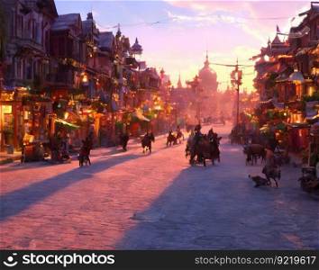 A mystical fictional beautiful fairy-tale city with fantastic creatures. Busy streets. Beautiful landscape, mountains and trees. AI generated.. A mystical fictional beautiful fairy-tale city with fantastic creatures. AI generated.
