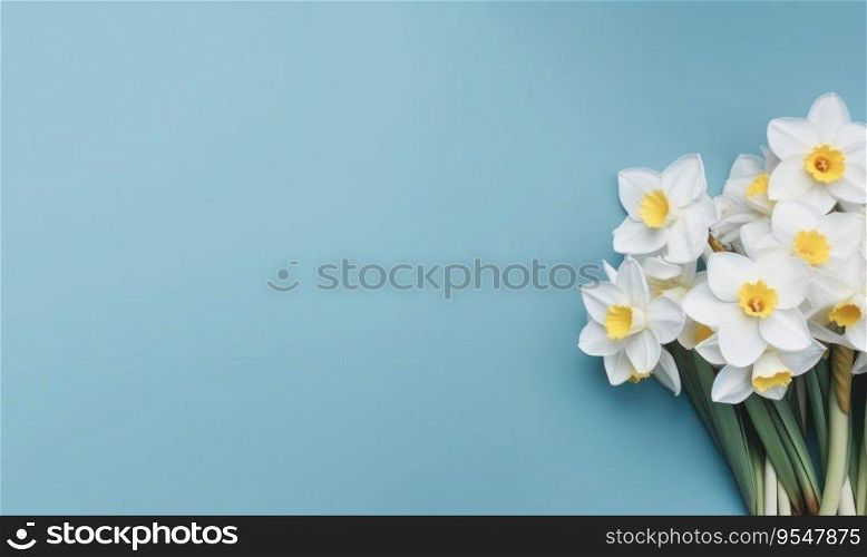A narcissus flowers bouquet on a pastel blue background with empty copyspace. Mother&rsquo;s Day concept. Flat lay. Created with generative AI tools. A narcissus flowers bouquet on a pastel blue background with empty copyspace. Mother&rsquo;s Day concept. Created by generative AI
