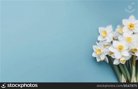 A narcissus flowers bouquet on a pastel blue background with empty copyspace. Mother&rsquo;s Day concept. Flat lay. Created with generative AI tools. A narcissus flowers bouquet on a pastel blue background with empty copyspace. Mother&rsquo;s Day concept. Created by generative AI