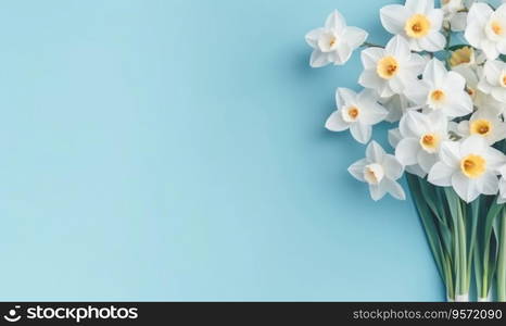 A narcissus flowers bouquet on a pastel blue background with empty copyspace. Mother&rsquo;s Day concept. Flat lay. Created with generative AI tools. A narcissus flowers bouquet on a pastel blue background with empty copyspace. Mother&rsquo;s Day concept. Created by generative AI