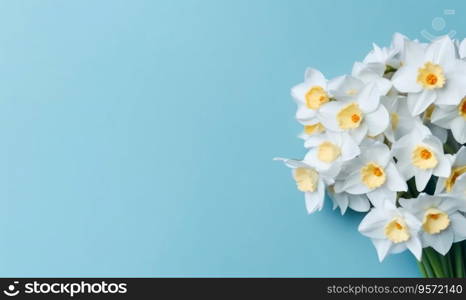 A narcissus flowers bouquet on a pastel blue background with empty copyspace. Mother&rsquo;s Day concept. Flat lay. Created with generative AI tools. A narcissus flowers bouquet on a pastel blue background with empty copyspace. Mother&rsquo;s Day concept. Created by generative AI