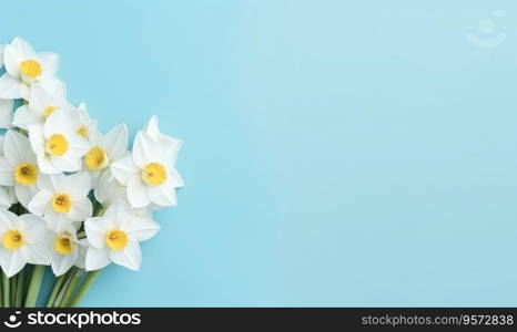 A narcissus flowers bouquet on a pastel blue background with empty copyspace. Mother&rsquo;s Day concept. Flat lay. Created with generative AI tools. A narcissus flowers bouquet on a pastel blue background with empty copyspace. Mother&rsquo;s Day concept. Created by generative AI