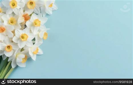A narcissus flowers bouquet on a pastel blue background with empty copyspace. Mother’s Day concept. Flat lay. Created with generative AI tools. A narcissus flowers bouquet on a pastel blue background with empty copyspace. Mother’s Day concept. Created by generative AI