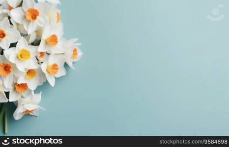 A narcissus flowers bouquet on a pastel blue background with empty copyspace. Mother&rsquo;s Day concept. Flat lay. Created with generative AI tools. A narcissus flowers bouquet on a pastel blue background with empty copyspace. Mother&rsquo;s Day concept. Created by generative AI