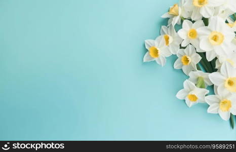 A narcissus flowers bouquet on a pastel blue background with empty copyspace. Mother’s Day concept. Flat lay. Created with generative AI tools. A narcissus flowers bouquet on a pastel blue background with empty copyspace. Mother’s Day concept. Created by generative AI