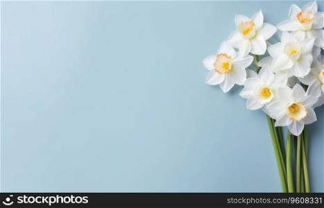 A narcissus flowers bouquet on a pastel blue background with empty copyspace. Mother&rsquo;s Day concept. Flat lay. Created with generative AI tools. A narcissus flowers bouquet on a pastel blue background. Created by generative AI