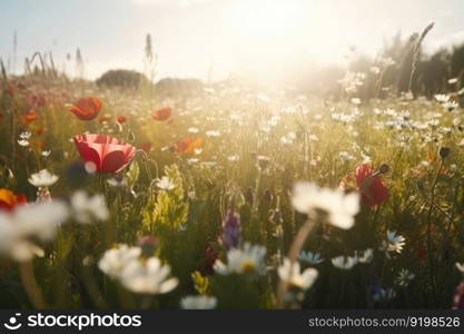 A natural and beautiful image of a peaceful flower field with pink and white blooms and green grass under a blue sky. AI Generative.