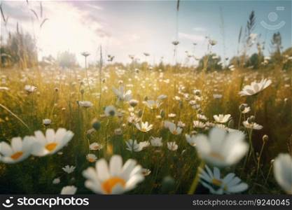 A natural and fresh image of a colorful flower field filled with pink and white blooms under a sunny blue sky. AI Generative.