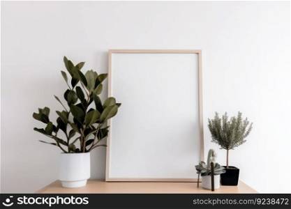 A naturalistic office decor featuring a wooden table with a potted plant and a mockup picture frame, bringing greenery into the workspace. This composition is AI Generative.