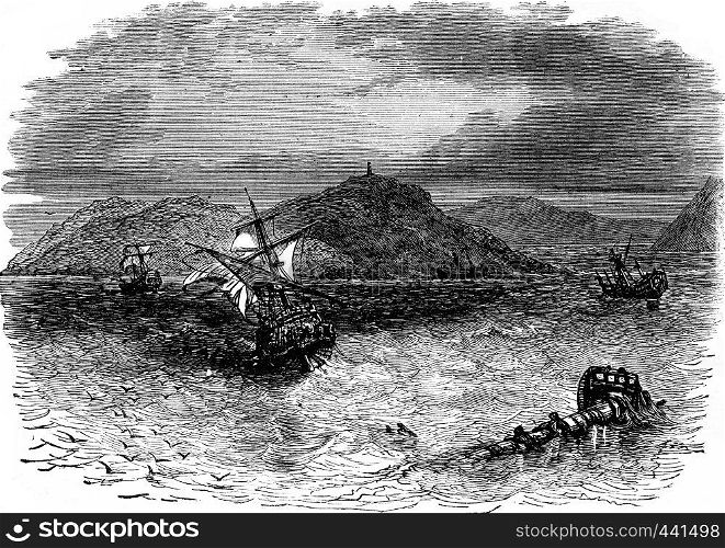 A naval battle. He took the collision three vessels, vintage engraved illustration. Journal des Voyage, Travel Journal, (1880-81).