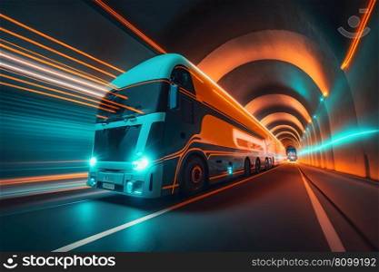 A neon coach, or long haul bus for tourists drives through the mountain tunnels and roads. Neural network AI generated art. A neon coach, or long haul bus for tourists drives through the mountain tunnels and roads. Neural network generated art