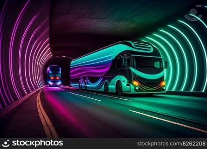 A neon coach, or long haul bus for tourists drives through the mountain tunnels and roads. Neural network AI generated art. A neon coach, or long haul bus for tourists drives through the mountain tunnels and roads. Neural network generated art